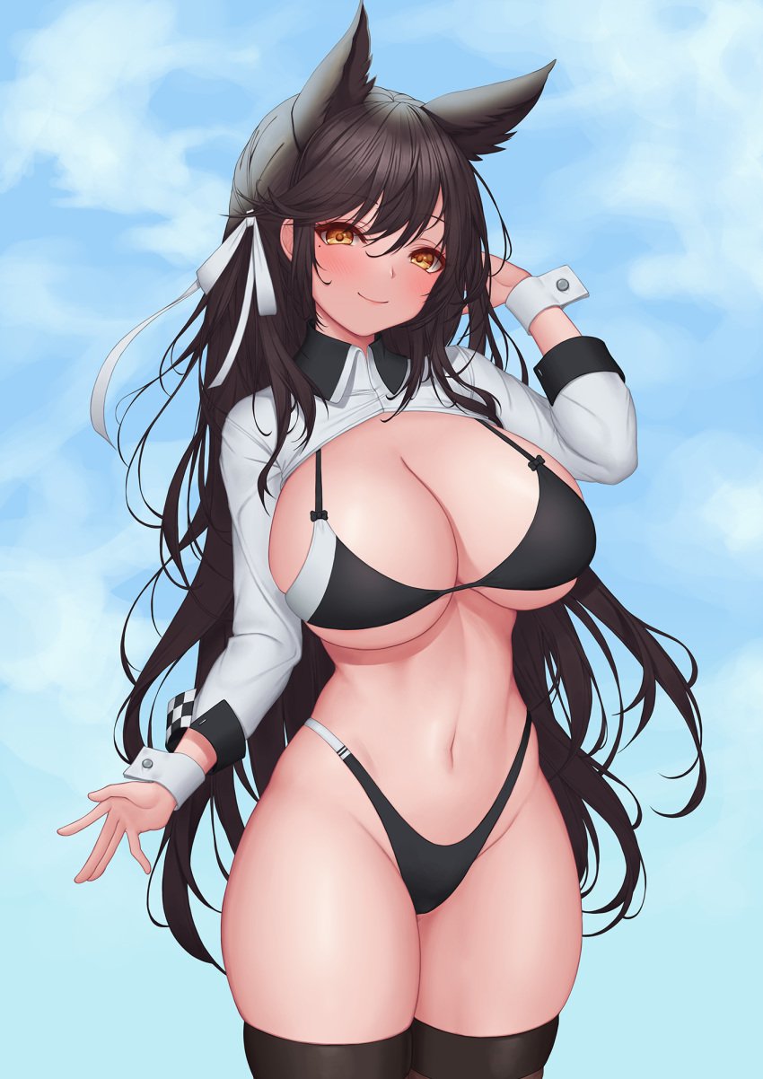 animal_ears atago_(azur_lane) atago_(stunning_speedster)_(azur_lane) azur_lane bangs bikini bikini_bottom bikini_top black_bikini black_hair black_legwear blush breasts brown_eyes cleavage closed_mouth commentary covered_nipples cowboy_shot dog_ears extra_ears eyebrows_visible_through_hair female groin hair_between_eyes hair_ribbon hand_up highleg highleg_bikini highres jacket large_breasts long_hair looking_at_viewer mole mole_under_eye navel official_alternate_costume pinkcap race_queen ribbon shrug_(clothing) sidelocks skindentation smile solo standing stomach swept_bangs swimsuit thighhighs two-tone_bikini white_jacket white_ribbon wrist_cuffs