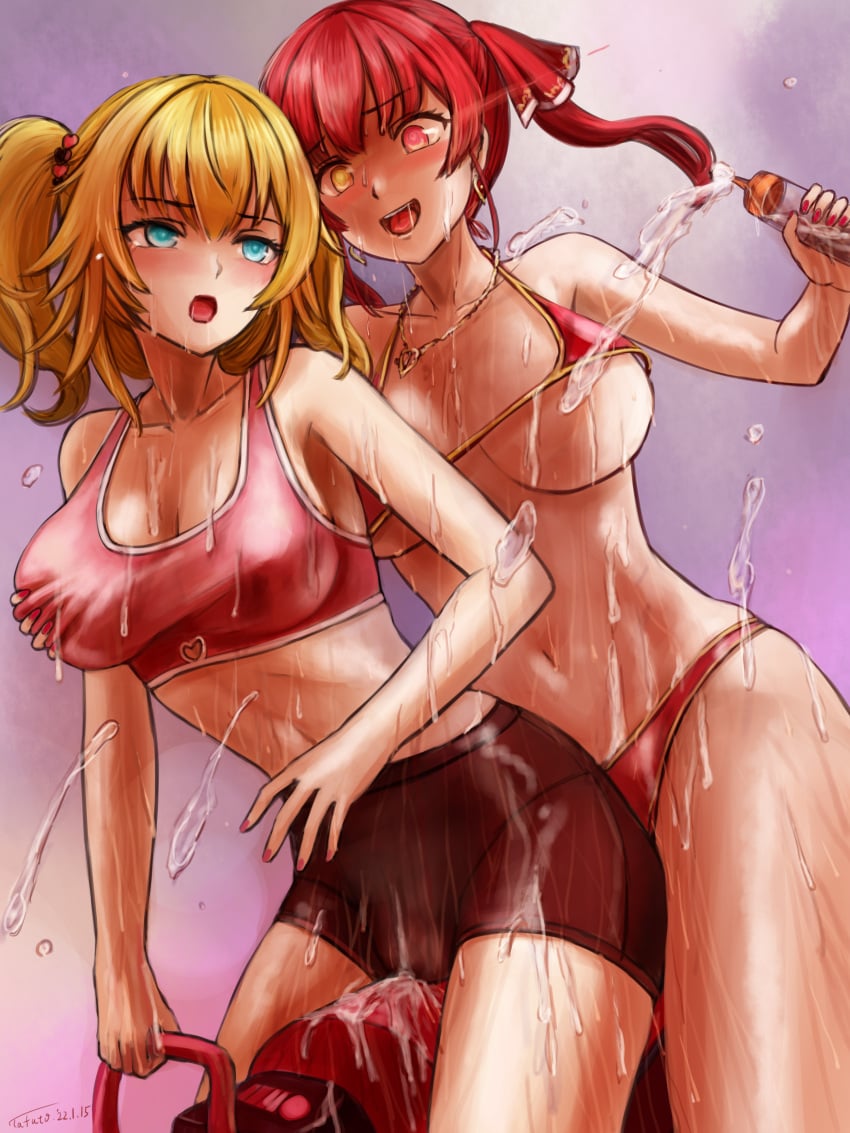 2022 2girls :d akai_haato big_breasts bike_shorts bikini bikini_bottom bikini_top blonde_hair blue_eyes breast_grab breast_squeeze breast_squish breasts cameltoe covered_nipples duo duo_focus hair_ribbon heart heart-shaped_pupils heart_necklace heterochromia hololive hololive_fantasy hololive_gen_1 hololive_japan horny houshou_marine in_heat large_breasts looking_at_each_other looking_at_partner lotion lotion_bottle micro_bikini micro_bikini_top open_mouth pink_sports_bra red_bikini red_bikini_bottom red_bikini_top red_eye red_hair red_ribbon ribbon sports_bra tafuto teeth tongue twintails virtual_youtuber yellow_eye