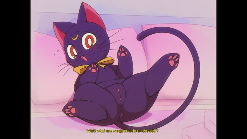 absurd_res anus ass bedding bedroom bishoujo_senshi_sailor_moon blush bodily_fluids clitoris cute_fangs dialogue domestic_cat fake_screenshot fangs felid feline felis female female_only feral front_view genital_fluids genitals hi_res imminent_sex kekitopu luna_(sailor_moon) lying mammal meme off_screen_character on_back open_mouth pawpads pomf presenting presenting_hindquarters presenting_pussy pussy pussy_juice retro_artstyle solo spread_legs spreading subtitled sweat talking_to_another thick_thighs whiskers