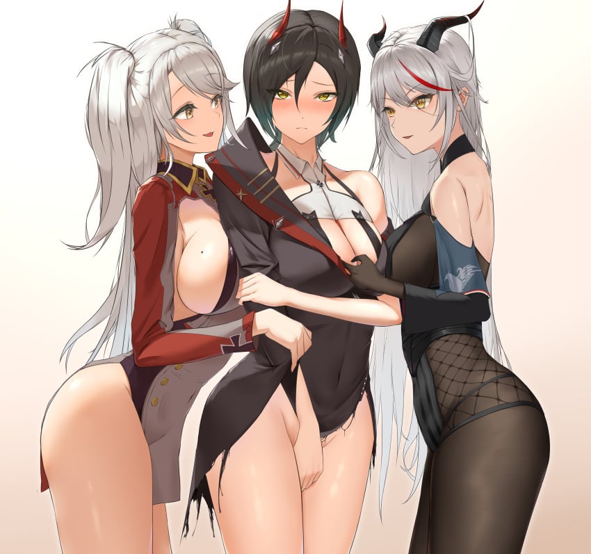 3girls absurdres aegir_(azur_lane) ass asymmetrical_jacket azur_lane bare_back bare_shoulders black_gloves black_jacket black_skirt blush bodystocking breast_curtains breast_strap breasts cleavage covering covering_crotch demon_horns elbow_gloves eyebrows_visible_through_hair from_side gloves gradient gradient_background hair_between_eyes hair_on_horn highres horns jacket large_breasts lianyungangwyz long_hair mechanical_horns microskirt mole mole_on_breast multicolored_hair multiple_girls no_legwear no_panties partially_undressed prinz_eugen_(azur_lane) red_hair red_horns s short_hair sideboob skirt streaked_hair two-tone_hair ulrich_von_hutten_(azur_lane) undressing_another very_long_hair white_hair yellow_eyes