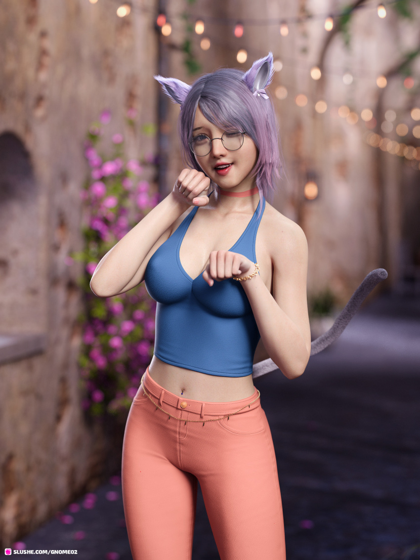 1girls 3d bracelet cat_ears cat_tail depth_of_field glasses gnome02 gray_hair grey_hair large_breasts looking_at_viewer outdoor outdoors pants public shirt short_hair slushe_(website) smile standing white_hair wink winking winking_at_viewer