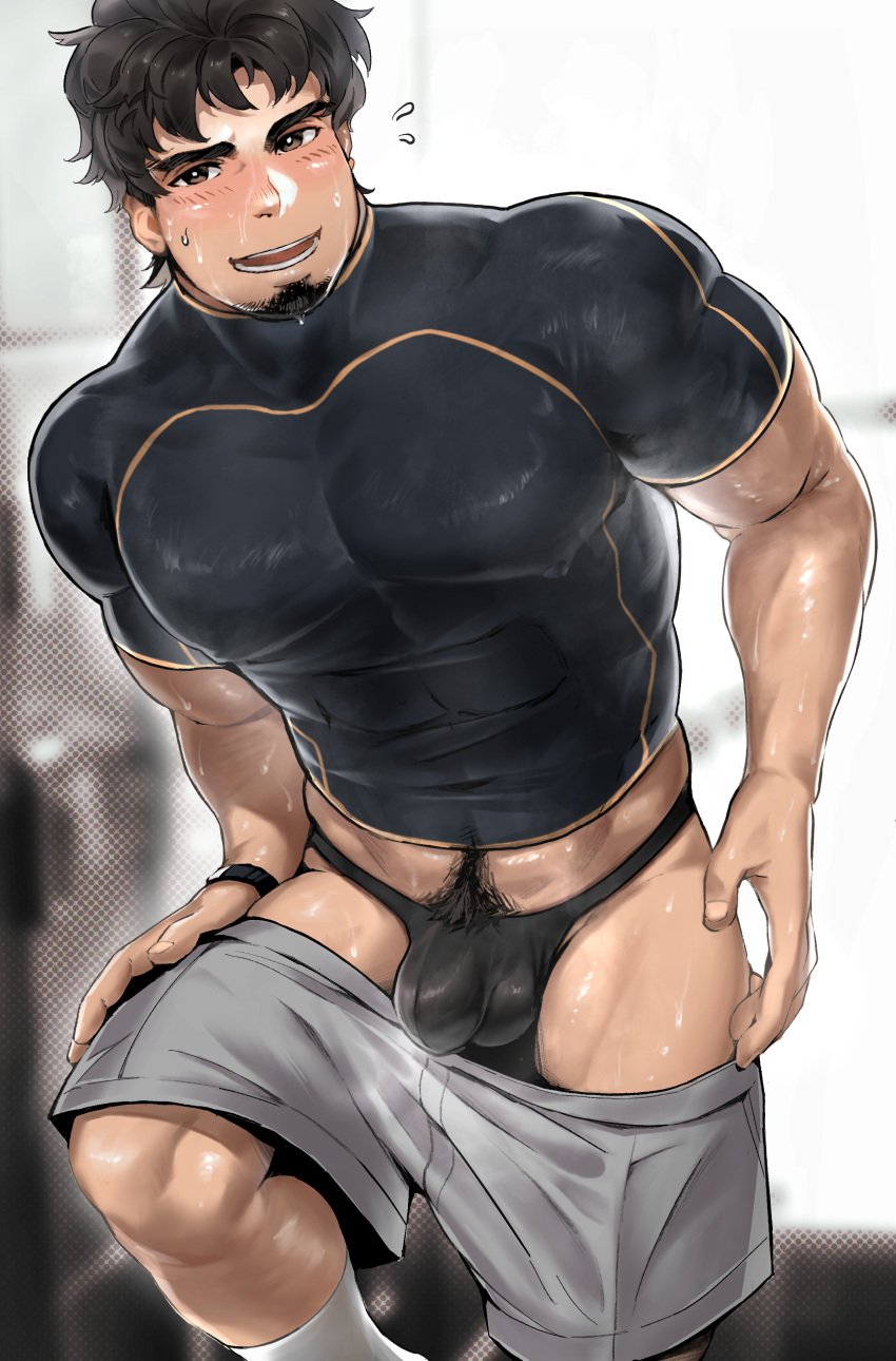 1boy absurdres bara beard black_hair blush bulge facial_hair highres isuke large_pectorals looking_at_viewer male male_focus manboobs navel original pectorals pubic_hair shorts sweat tight yaoi