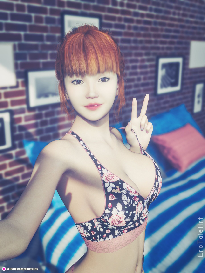 1girls 3d bed bedroom depth_of_field erotales indoors large_breasts light_brown_hair mindy_(erotales) original original_character peace_sign selfie slushe_(website)