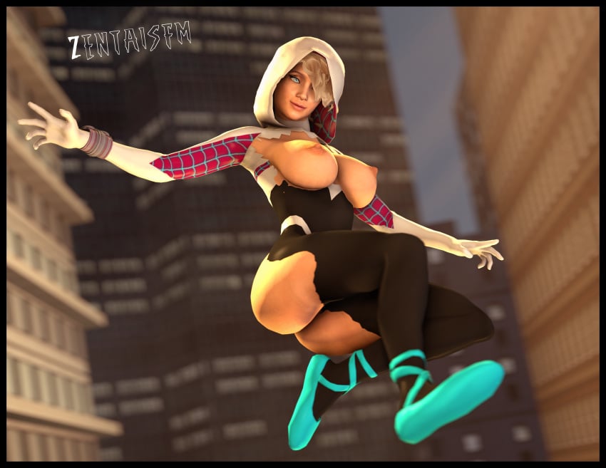 3d 3d_(artwork) aqua_eyes big_breasts blonde_hair blue_eyes bursting_breasts bursting_butt bursting_clothes city city_background costume curvy curvy_body curvy_female curvy_figure erect_nipples female female_only gwen_stacy hair_over_one_eye hood hoodie huge_breasts jumping large_breasts latex leaping light_blue_eyes marvel marvel_comics perky_breasts perky_nipples pose posing sfm skin_tight skinny source_filmmaker spider-gwen spider-man_(series) thin_waist tight_clothing underboob watermark zentaisfm