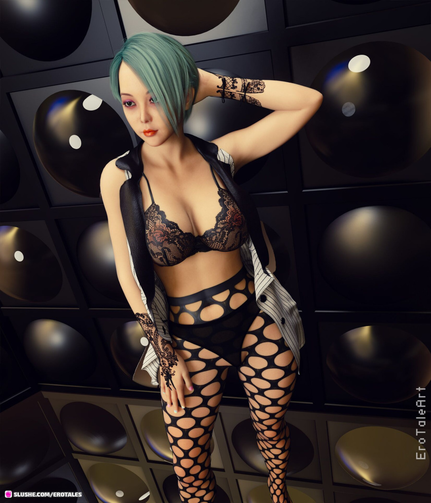 1girls 3d blue_hair bra dyed_hair erotales female female_only large_breasts original original_character pantyhose pattern_clothing patterned_pantyhose pinup short_hair slushe_(website) solo standing yunnie_(erotales)