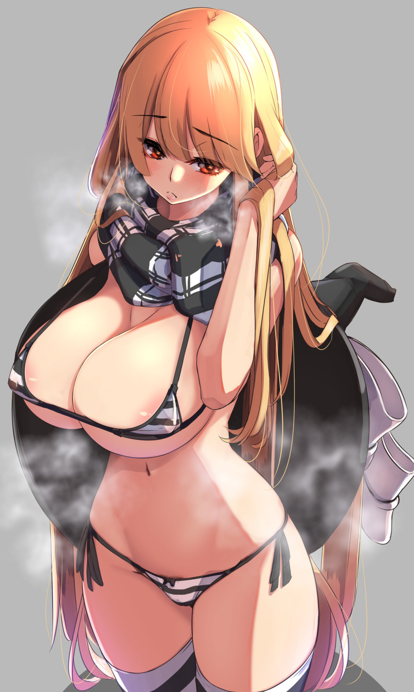 bikini black_headwear black_scarf blonde_hair blush breasts brown_eyes cleavage closed_mouth cowboy_shot eyebrows_visible_through_hair female female_pubic_hair flying_sweatdrops grey_background hat hat_removed headwear_removed heart heart-shaped_pupils highres large_breasts long_hair marisa_kirisame navel nipples plaid plaid_scarf pubic_hair pubic_hair_peek scarf simple_background solo speech_bubble star-shaped_pupils star_(symbol) steaming_body string_bikini striped striped_legwear swimsuit symbol-shaped_pupils textless thighhighs touhou white_bikini white_legwear white_scarf witch_hat yukito_(dreamrider)