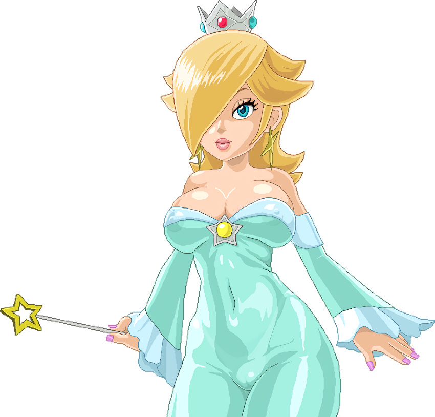 1girls alpha_channel big_breasts blonde_hair blue_eyes busty cameltoe child_bearing_hips cleavage covered_navel dress female female_only for_sticker_use fully_clothed hair_over_one_eye huge_breasts lipstick long_hair mario_(series) nintendo nipples_visible_through_clothing pink_lipstick pixel_art png princess_dress princess_rosalina smile solo sticker_template transparent_background transparent_png wand warnerc