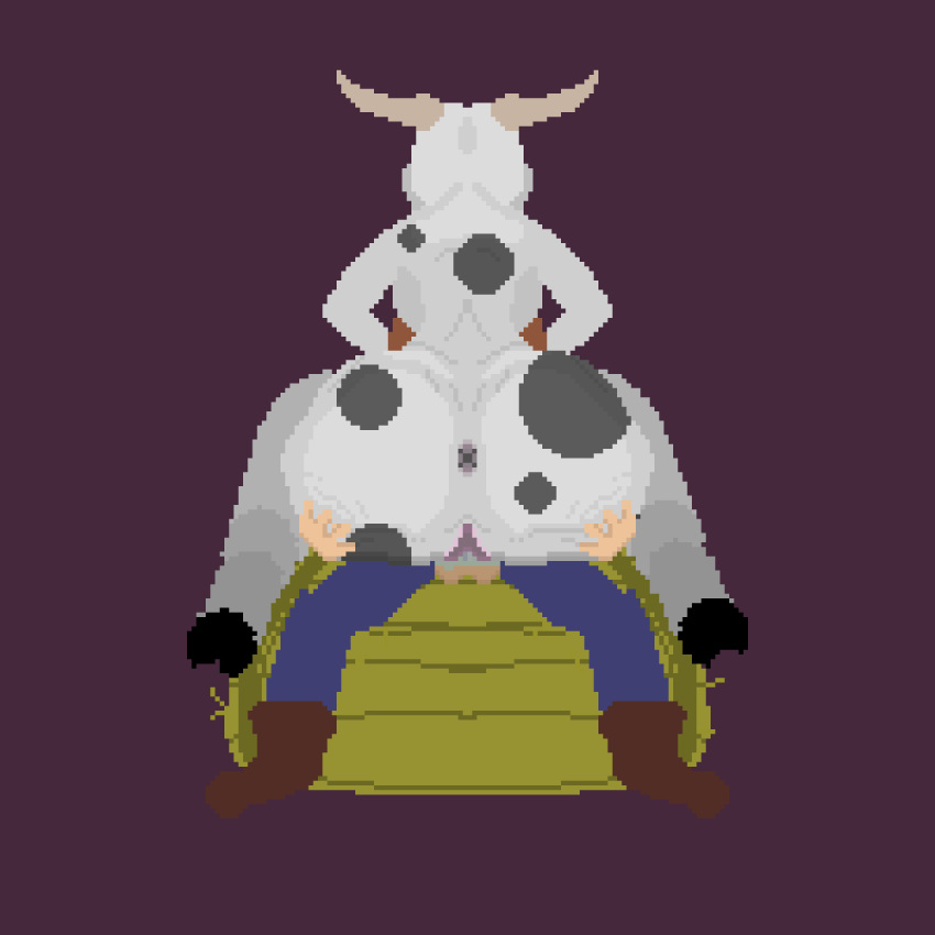 1boy 1boy1girl 1girls 2d 2d_animation animated ass big_ass bovine bovine_humanoid cowgirl_position domination female female_on_top gif human_on_anthro male original original_character pixel_animation pixel_art ride shoestrang snu-snu spotted_body spotted_fur unnamed_character wet_pussy