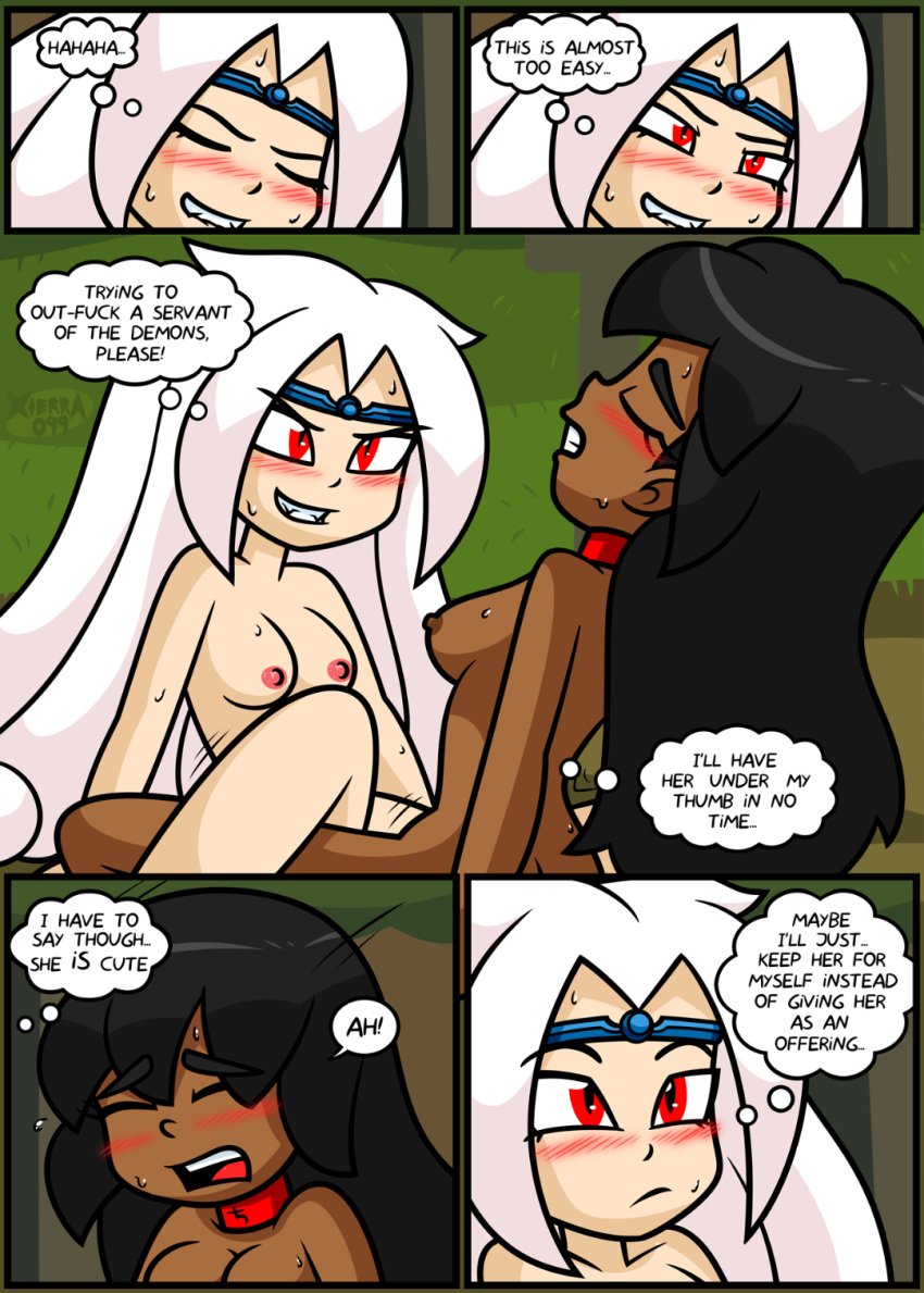 2girls ass black_hair blue_eyes blush breasts bright_darkness chocolate_and_vanilla closed_eyes cocky cocky_smile comic comic_page command command_spell control_collar dark-skinned_female dark_skin dialogue enchantment evil_grin evil_smile fangs female_focus female_only grinding hardcore headband headband_only interracial interracial_yuri light-skinned_female long_hair multiple_girls naked naked_female nipples nude nude_female orgasm orgasm_face outdoors pale-skinned_female priestess red_eyes rough_sex scissoring sex sitting_on_ground speech_bubble sweat sweaty text thought_bubble tribadism white_hair witch xierra099 yuri