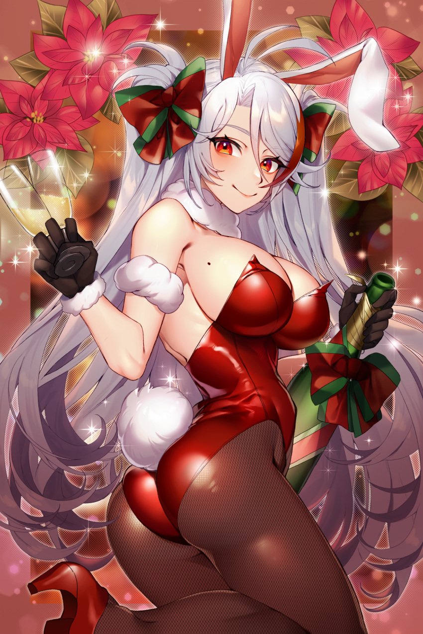 1girls 2021 animal_ears ass azur_lane breasts brown_gloves bunny_ears bunnysuit champagne_bottle champagne_flute christmas cleavage cup drinking_glass fake_animal_ears fake_tail female female_focus female_only flower gloves hair_ribbon high_heels highleg highleg_leotard highres leotard long_hair looking_at_viewer mimiko_(fuji_310) mole mole_on_breast pantyhose playboy_bunny prinz_eugen_(azur_lane) purple_flower rabbit_ears rabbit_tail red_eyes red_footwear red_hair red_leotard ribbon sideboob smile solo solo_female tail very_long_hair white_hair