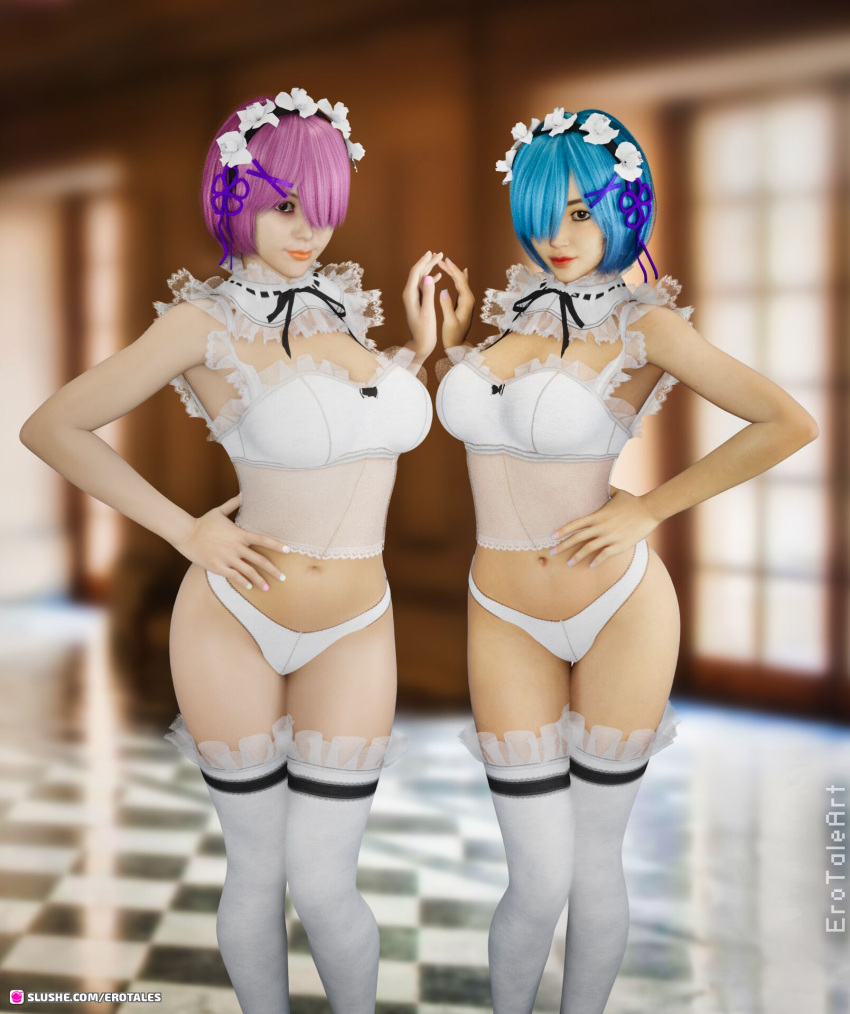 2girls 3d blue_hair cosplay depth_of_field dyed_hair erotales female female_only large_breasts mindy_(erotales) multiple_girls original original_character pink_hair pinup short_hair slushe_(website) standing yunnie_(erotales)