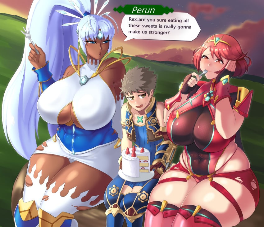 1boy 2girls blush dark-skinned_female dark_skin dialogue femdom large_breasts linkxs long_hair nintendo perun_(xenoblade) ponytail pyra red_eyes red_hair rex_(xenoblade) text thick_thighs underboob xenoblade_(series) xenoblade_chronicles_2