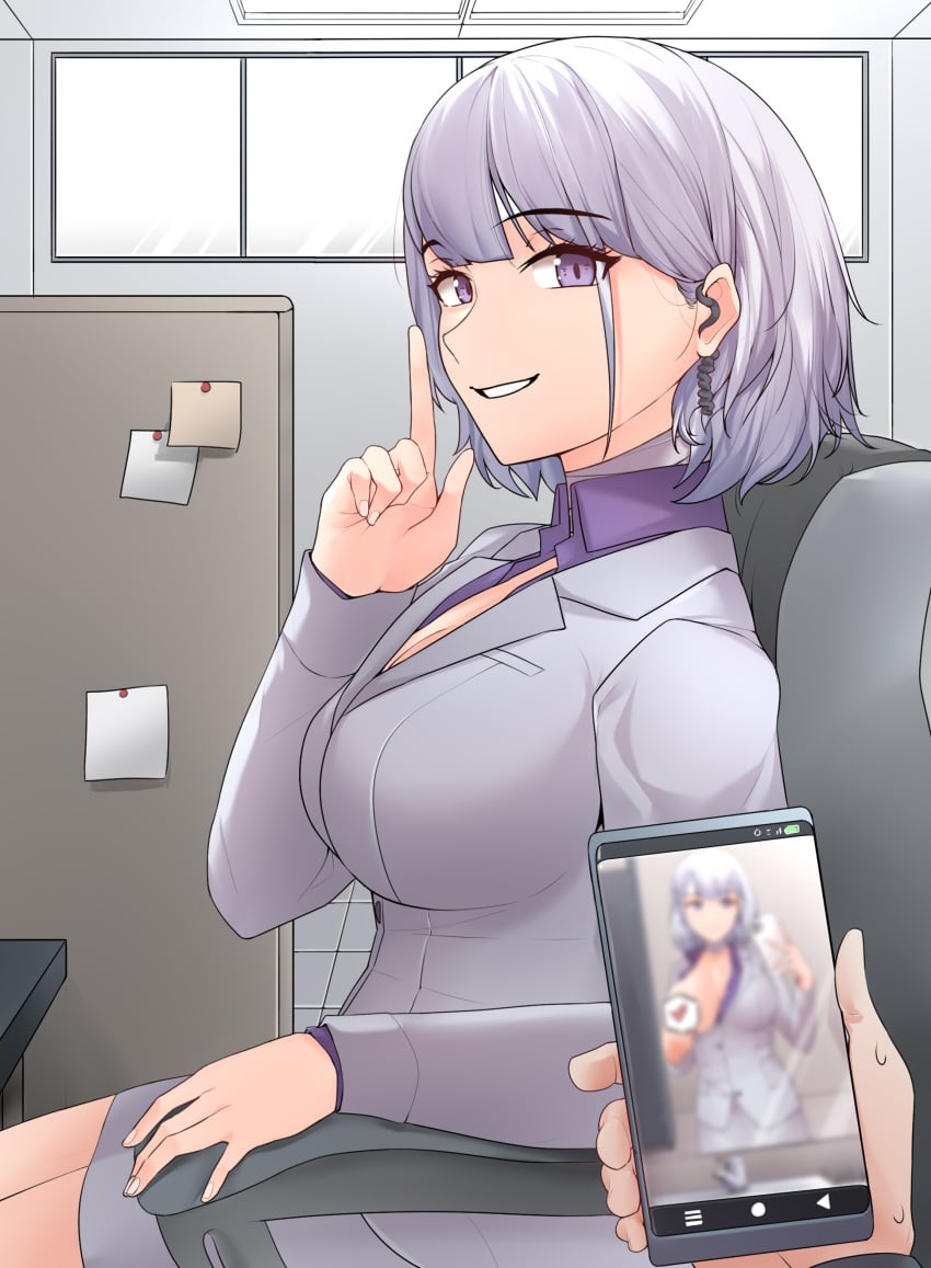 absurdres breasts business_suit business_woman cellphone censored female formal girls'_frontline highres holding holding_phone indoors kaicchi large_breasts novelty_censor office_lady one_breast_out phone purple_eyes rpk-16_(girls'_frontline) short_hair silver_hair skirt_suit smartphone smile suit