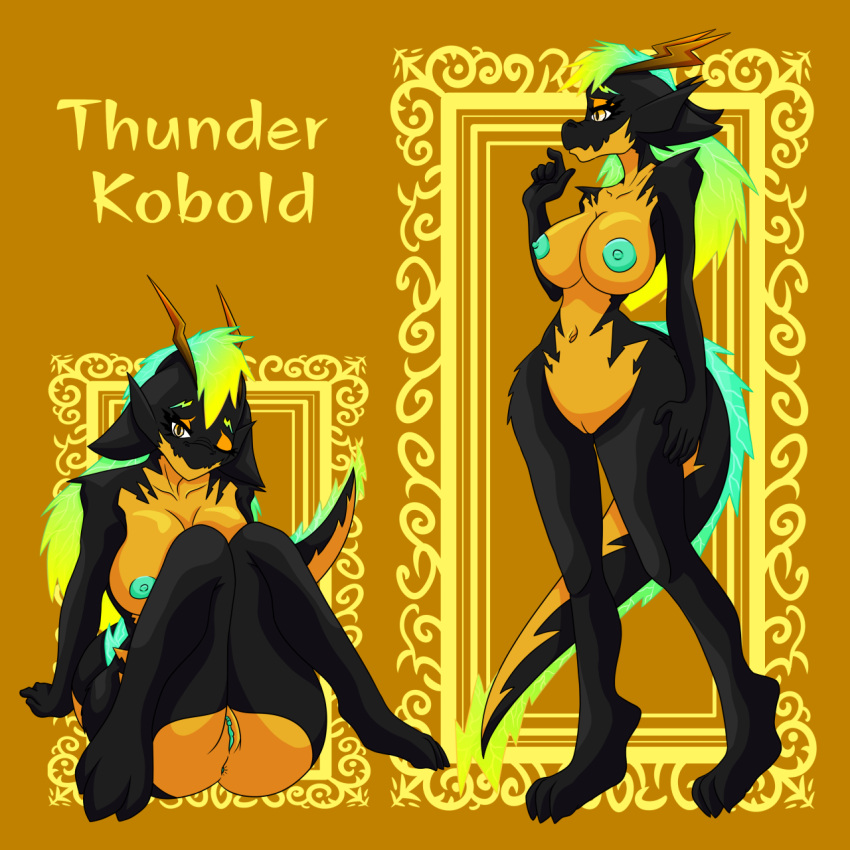 adkindragon anthro breasts claws dragon electric fangs female female/female fire hi_res horn humanoid jaw kobold lizard open_mouth reptile scalie sea solo thunder volcano water yellow_body yellow_theme