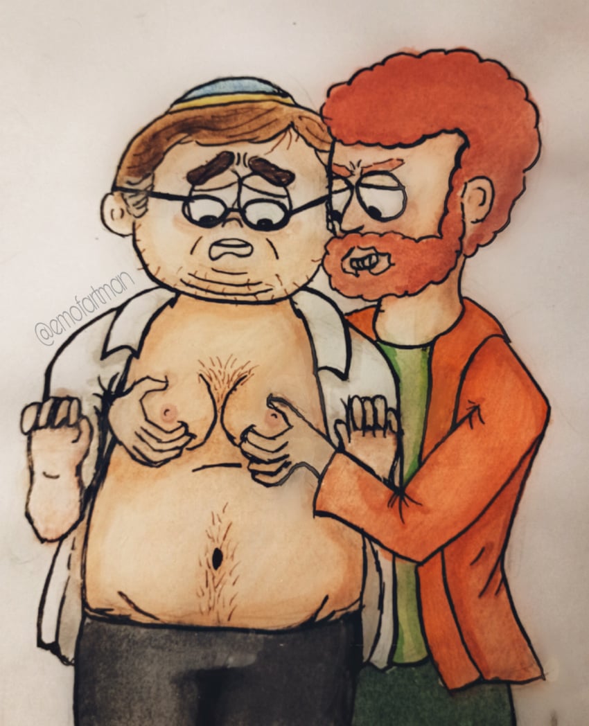 2boys beard breasts brown_hair dilf eric_cartman fat fat_ass fat_man gay jewish kyle_broflovski male male_only man_boobs multiple_boys pink_nipples red_hair south_park