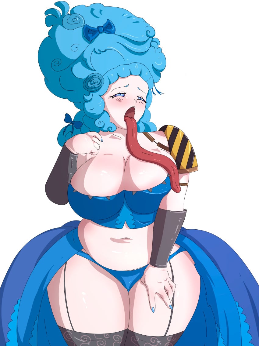 bbw big_breasts blue_eyes blue_hair blush corset dress fangs female garter_straps lingerie long_tongue overweight plump pouf snake_eyes thick_thighs thighhighs wide_hips