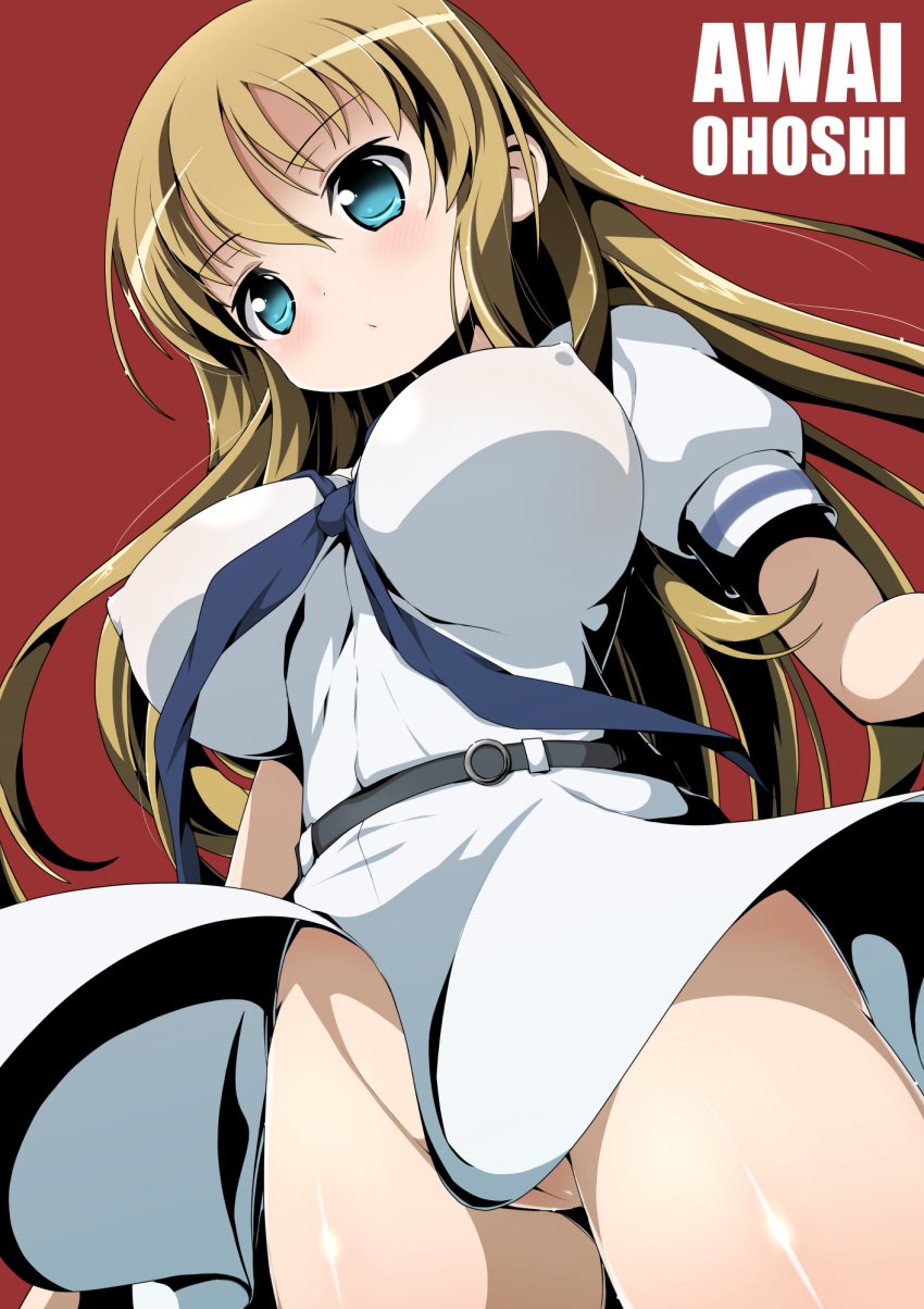 belt blonde_hair blue_eyes blush breasts cleft_of_venus covered_nipples female highres impossible_clothes impossible_shirt large_breasts long_hair no_panties oohoshi_awai red_background saki school_uniform serafuku shiny shiny_skin shirt short_sleeves skirt solo uniform white_shirt white_skirt xiao_rui_rui