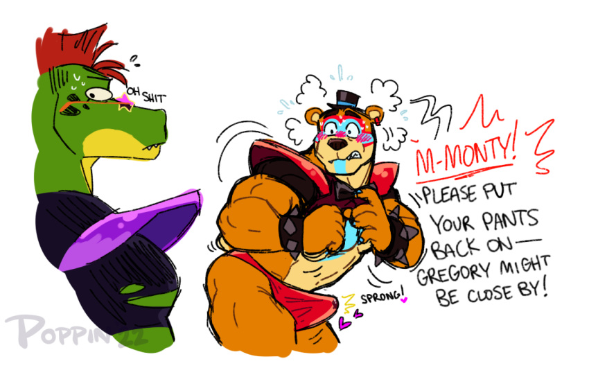 alligator alligatorid anthro blush bodily_fluids boner bottomwear bulge clothed clothing crocodilian dialogue duo ear_piercing erection erection_under_clothing eyewear five_nights_at_freddy's five_nights_at_freddy's:_security_breach fur glamrock_freddy_(fnaf) green_body hair headgear headwear implied_nudity male male/male male_only mammal mohawk montgomery_gator_(fnaf) mostly_nude muscular muscular_male partially_clothed piercing poppin punk reptile scalie scottgames shoulder_pads simple_background sunglasses sweat teeth underwear ursid video_games