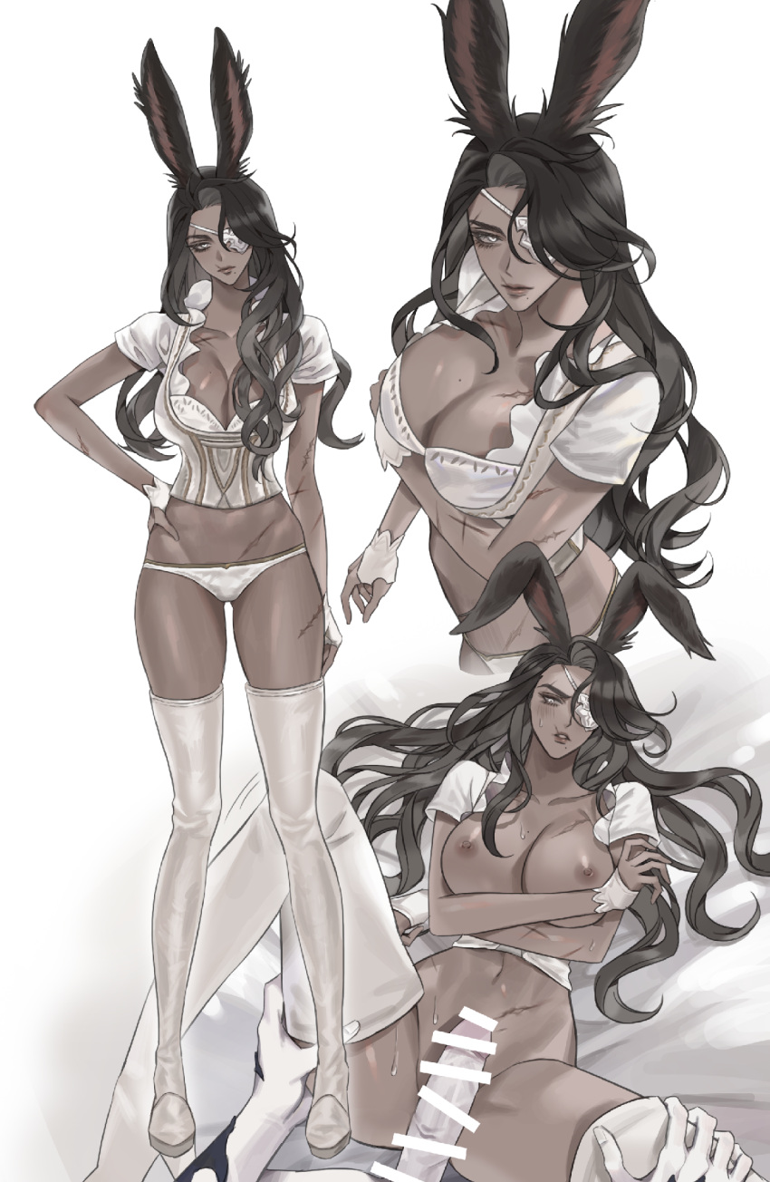 1boy animal_ears au_ra black_hair blush boots breasts brown_hair censored cleavage closed_mouth collarbone dark-skinned_female dark_skin erection eyepatch female final_fantasy final_fantasy_xiv fingernails frills hair_over_one_eye half-closed_eyes hand_on_hip high_heel_boots high_heels highres large_breasts long_hair mell_(dmwe3537) mole mole_on_breast mole_under_mouth mosaic_censoring multicolored_hair multiple_views navel parted_lips penis rabbit_ears scar scar_on_arm scar_on_breasts scar_on_face scar_on_leg scar_on_mouth scar_on_stomach spread_legs sweat thigh_boots thighhighs thighs veins veiny_penis viera white_eyepatch white_eyes white_legwear xaela