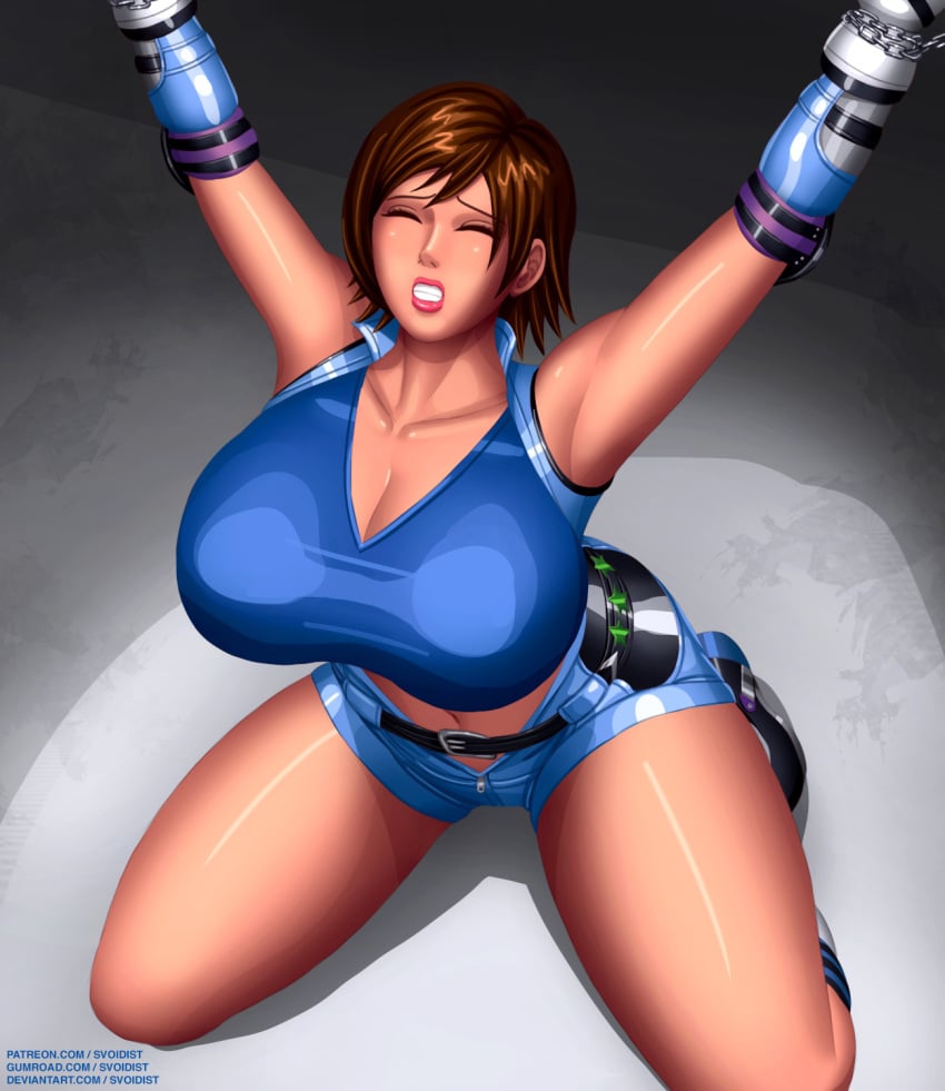 1girls armpits arms_up artist_name artist_signature artist_website bandai_namco belly belly_button belt black_belt blue_shorts blue_tank_top blue_topwear blush bondage boots bound bound_wrists breasts brown_hair bursting_breasts busty captured chained_up chained_wrists chains cleavage clenched_teeth closed_eyes collarbone crop_top cropped_shirt cropped_tank_top cropped_top cropped_topwear deviantart deviantart_username elbow_gloves elbow_pads eyebrows eyelashes eyeliner female female_focus gloves gumroad gumroad_username hi_res high_resolution highres huge_breasts kazama_asuka kneeling lips lipstick makeup mascara navel pads patreon patreon_username pink_lips pink_lipstick restrained shiny shiny_body shiny_clothes shiny_hair shiny_skin short_hair shorts sleeveless sleeveless_shirt solo svoidist tank_top teeth tekken thick_thighs thighs top_heavy url voluptuous white_footwear white_gloves