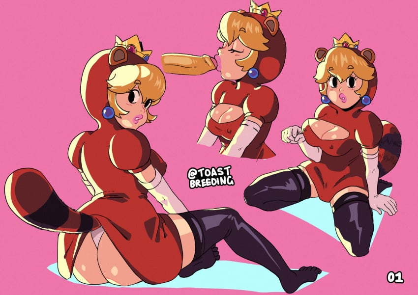 1boy 1girls ass blonde_hair fellatio mario_(series) multiple_images nintendo oral princess_peach super_mario_3d_world tanooki_peach tanooki_suit thighhighs toastbreeding