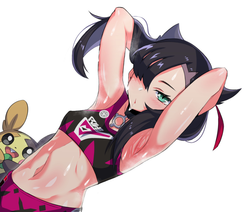 1girls abs arimura_daikon armpits arms_up black_hair blush hair_over_one_eye marnie_(pokemon) morpeko nintendo pokemon pokemon_ss sweaty toned