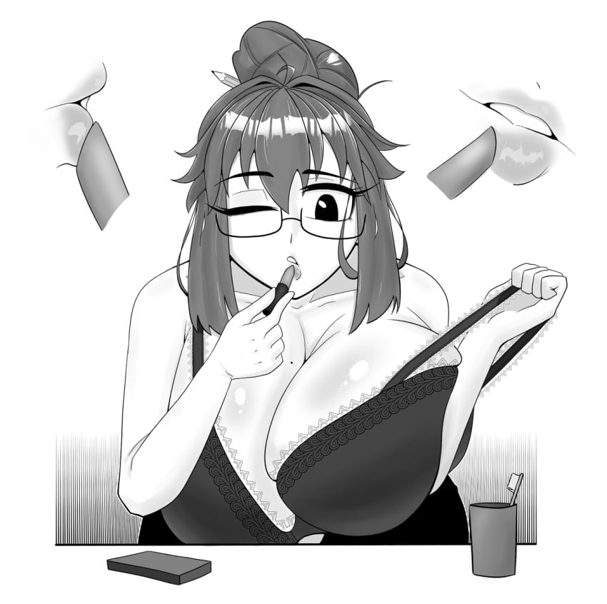 1girls applying_lipstick big_breasts black_and_white black_bra blue_hair bobberkyu bra breasts cleavage female glasses huge_breasts lips lipstick milf miss_b_(character) mommy_kink pencil pulling_bra putting_on_lipstick tied_hair wink