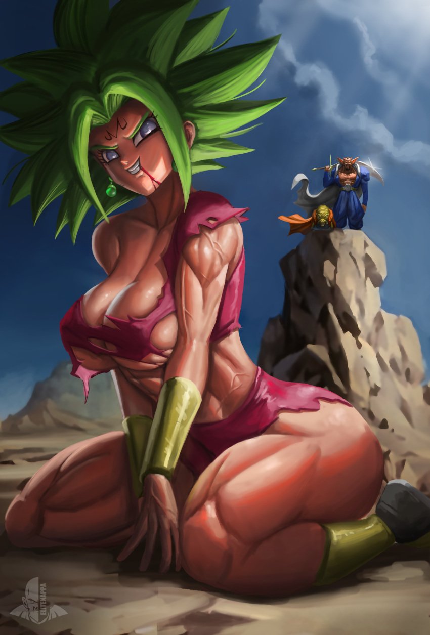 1girls 2boys babidi big_breasts blood blue_eyes breasts cloudy_sky corruption dabura dragon_ball dragon_ball_super dragon_ball_z elitenappa enemy_conversion female female_saiyan fusion green_hair kefla large_breasts legendary_super_saiyan majin_mark male muscular muscular_female potara_earrings ripped_clothing saiyan super_saiyan super_saiyan_2