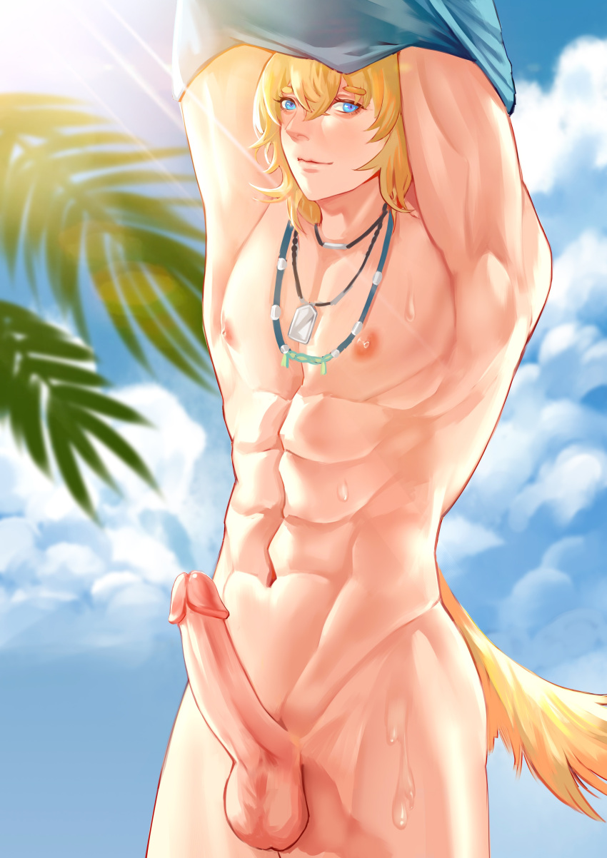 1boy abs absurdres animal_ears arknights blonde_hair blue_eyes clothes_lift cloud dog_tags erection highres large_penis light-skinned_male looking_at_viewer male_focus male_only muscular muscular_male necklace nipples nude palm_tree pecs penis shirt_lift solo sweatdrop tail tequila_(arknights) yedong