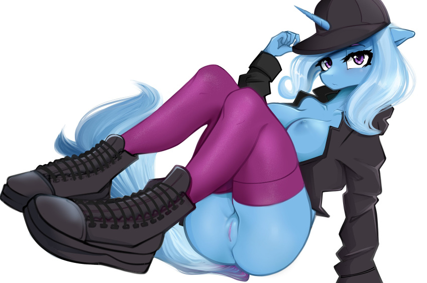 anthro ass boots bottomless breasts clothed clothing equid equine exposed_breasts female footwear friendship_is_magic genitals hasbro hat headgear headwear hi_res horn jacket kamushek228 legwear looking_at_viewer mammal my_little_pony nipples open_clothing open_jacket open_topwear partially_clothed pussy shoes solo stockings thigh_highs topwear trixie_(mlp) unicorn