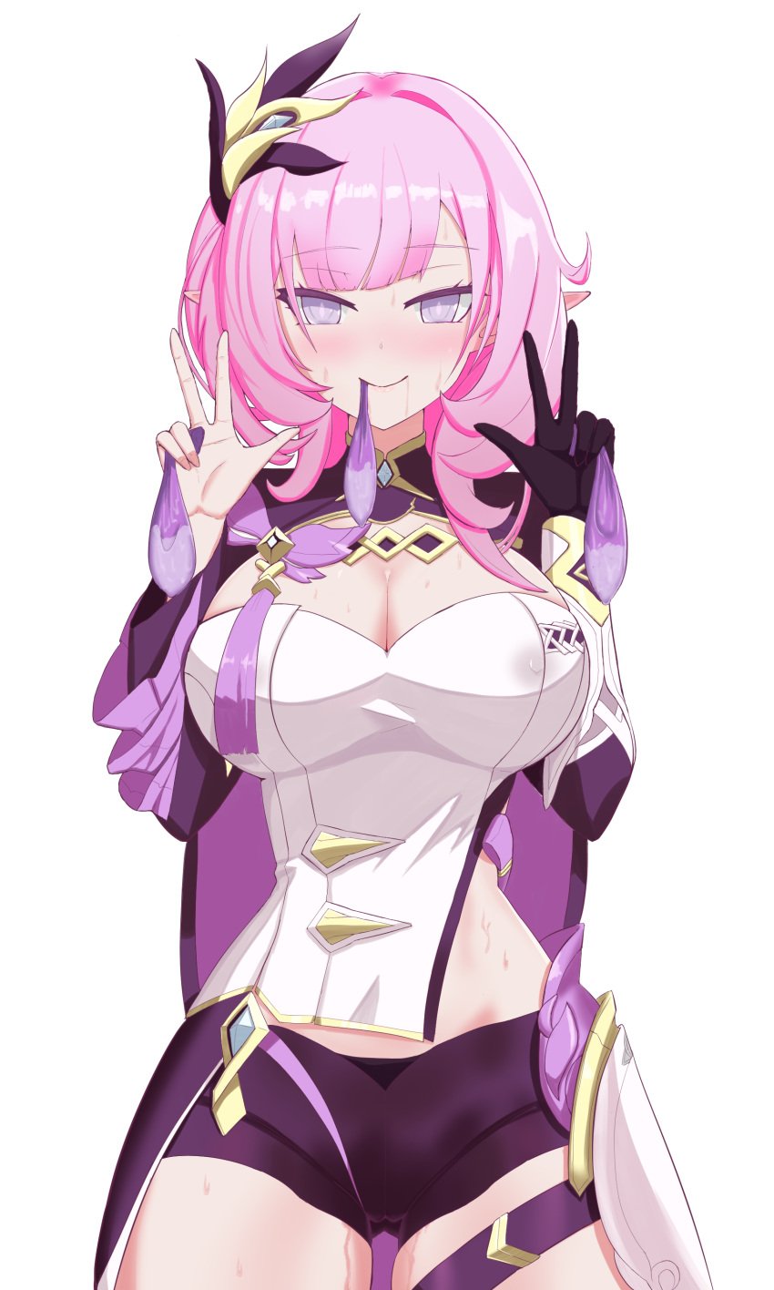 absurdres ass_visible_through_thighs asymmetrical_clothes asymmetrical_hair bike_shorts black_gloves blush breasts cleavage closed_mouth condom condom_in_mouth covered_nipples cowboy_shot cum double_v elysia_(honkai_impact) facial female gloves hair_ornament highres honkai_(series) honkai_impact_3rd large_breasts long_hair looking_at_viewer mouth_hold nose_blush pink_hair pointy_ears purple_eyes shadytown single_glove smile solo sweat used_condom v