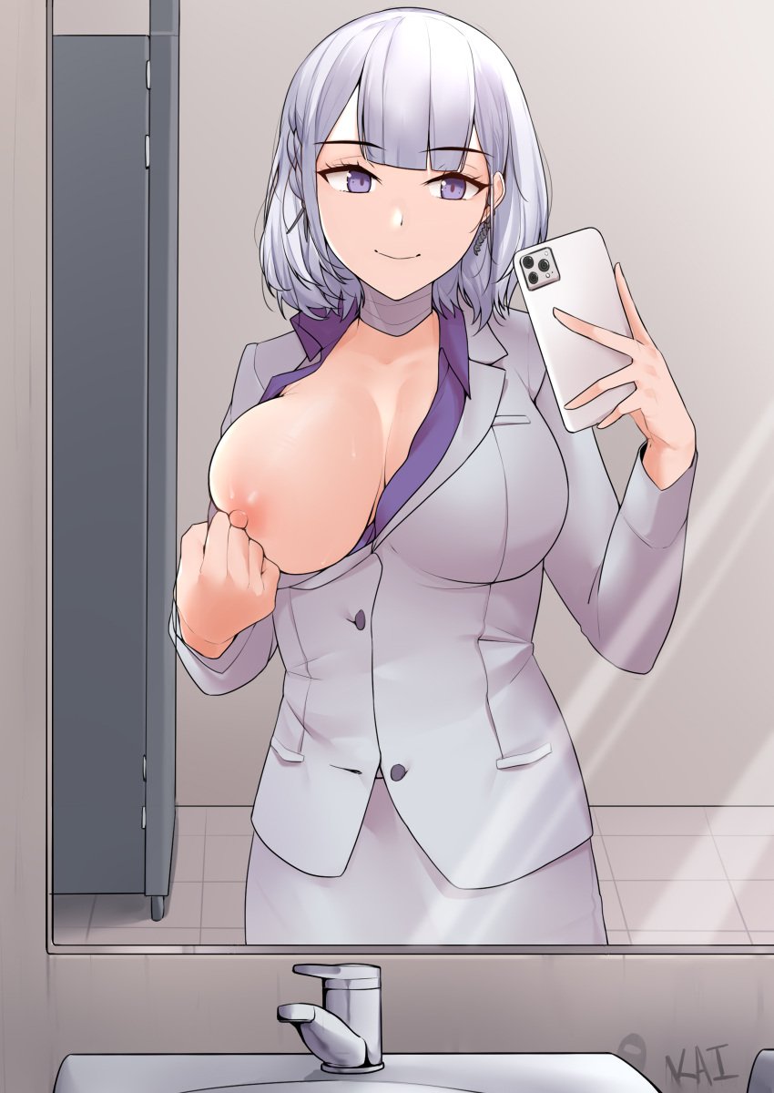 absurdres breasts business_suit business_woman cellphone female formal girls'_frontline highres holding holding_phone indoors kaicchi large_breasts mirror nipples office_lady one_breast_out phone purple_eyes rpk-16_(girls'_frontline) selfie short_hair silver_hair skirt_suit smartphone smile solo suit