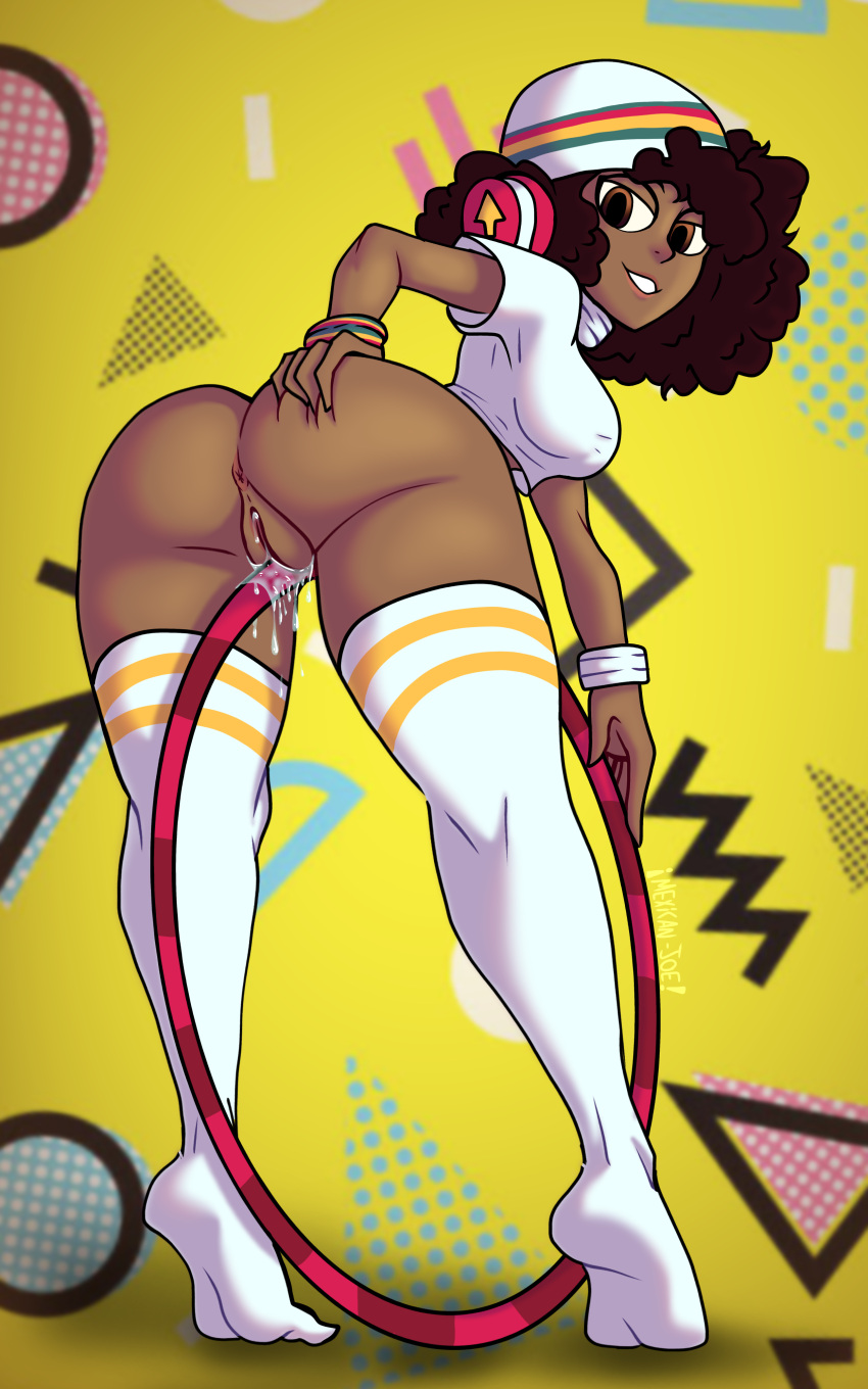 1girls 2021 afro anus armband ass beanie big_ass brown_body brown_eyes brown_hair brown_skin chondra_unkrich dark-skinned_female female female_focus female_only finger_fuck headphones hula_hoop lips looking_at_viewer mexicanjoe no_panties presenting pussy thick_thighs thighhighs thighs turtleneck yellow_background yiik:_a_postmodern_rpg