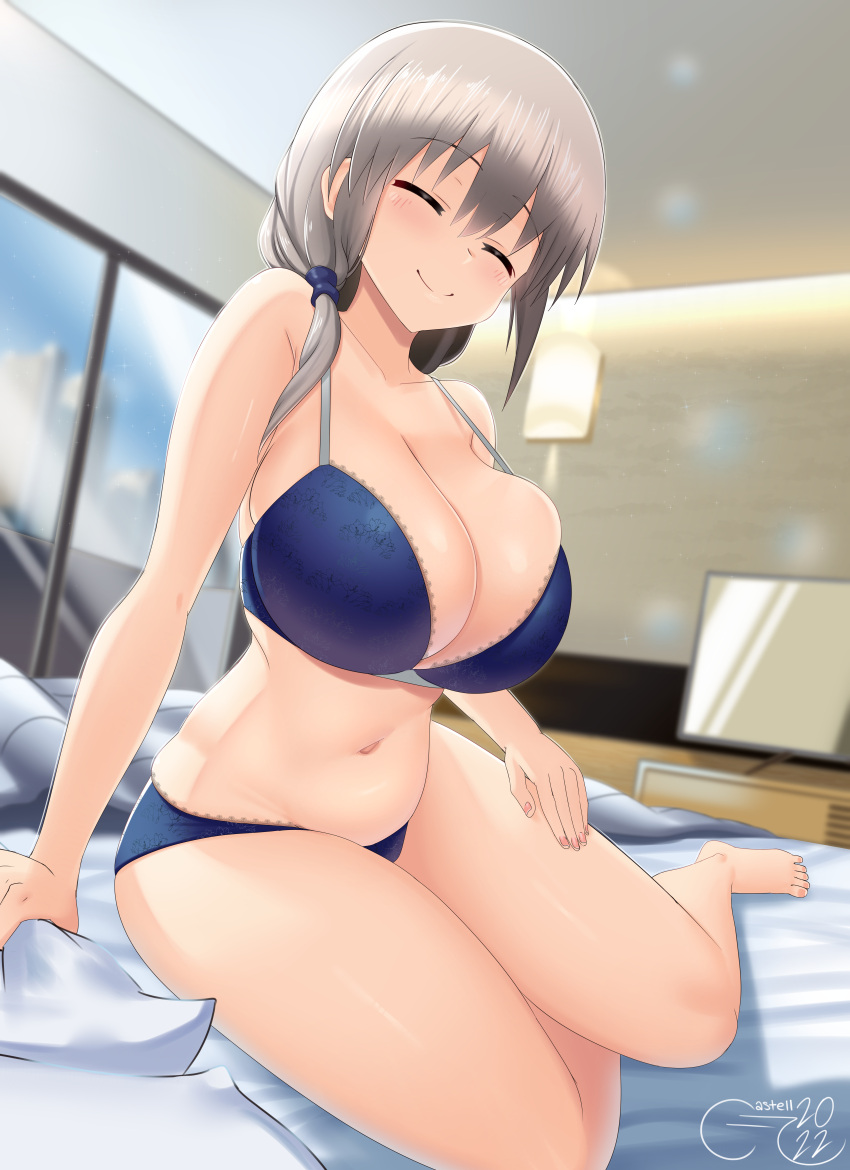 1girls absurd_res bed big_breasts bra breasts castell closed_eyes female female_focus grey_hair high_resolution huge_breasts large_breasts long_hair mature_female milf on_bed panties ponytail smile solo thick_thighs uzaki-chan_wa_asobitai! uzaki_tsuki