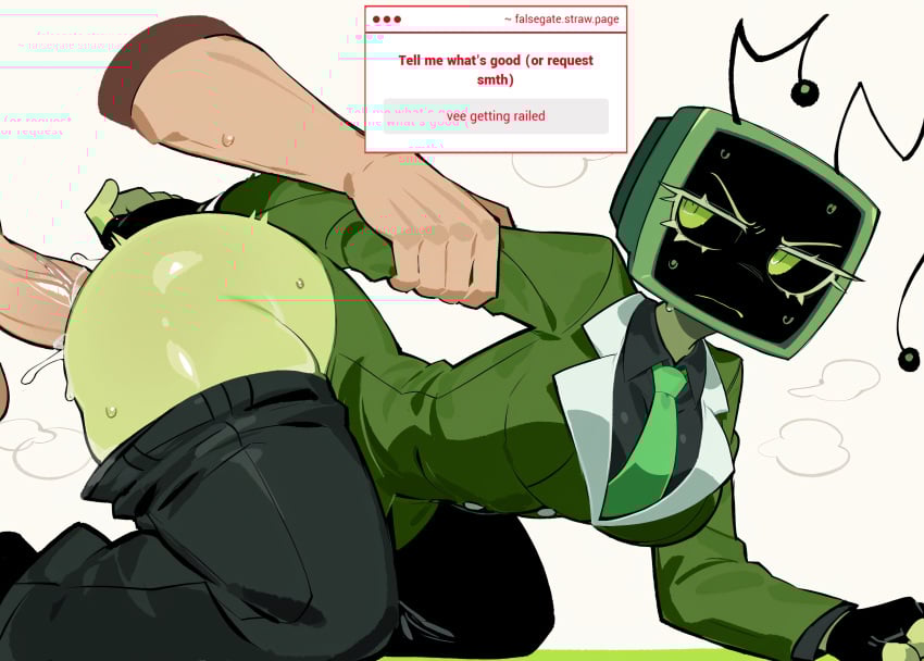 1boy 1girls absurd_res ai_generated all_fours annoyed antennae ass bent_over black_gloves black_pants blazer breasts colored_skin dandy's_world dandys_world disembodied_arm disembodied_hand disembodied_penis doggystyle_position duo falsegate fingerless_gloves from_side gloves green_blazer green_skin green_suit green_tie highres large_ass large_breasts looking_back pants pants_down roblox self_upload stable_diffusion straight strawpage strawpage_requst suit television television_head thick_thighs tie vee_(dandy's_world)