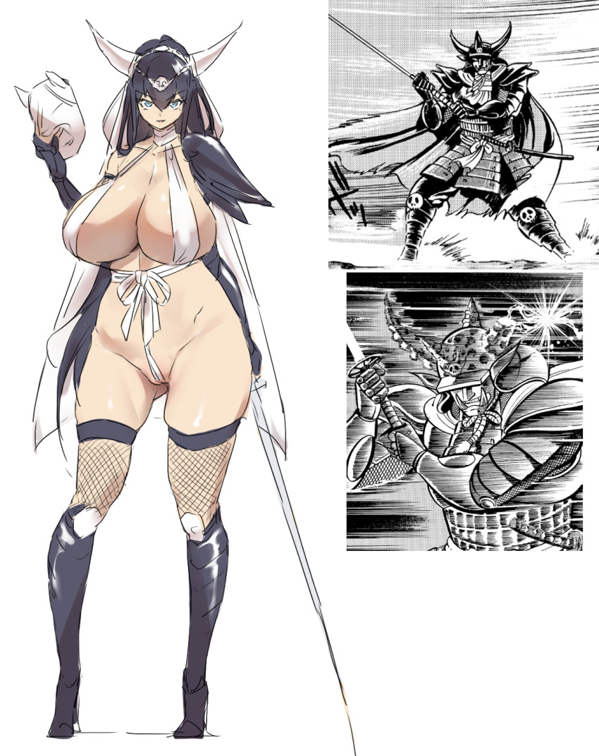 1girls big_breasts black_hair blue_eyes boots breasts cameltoe cleavage fishnets go_nagai heel_boots horns long_hair looking_at_viewer mask revealing_clothes ribbons rule_63 slum_king sword thick_thighs thighhighs thirty_8ght violence_jack wide_hips