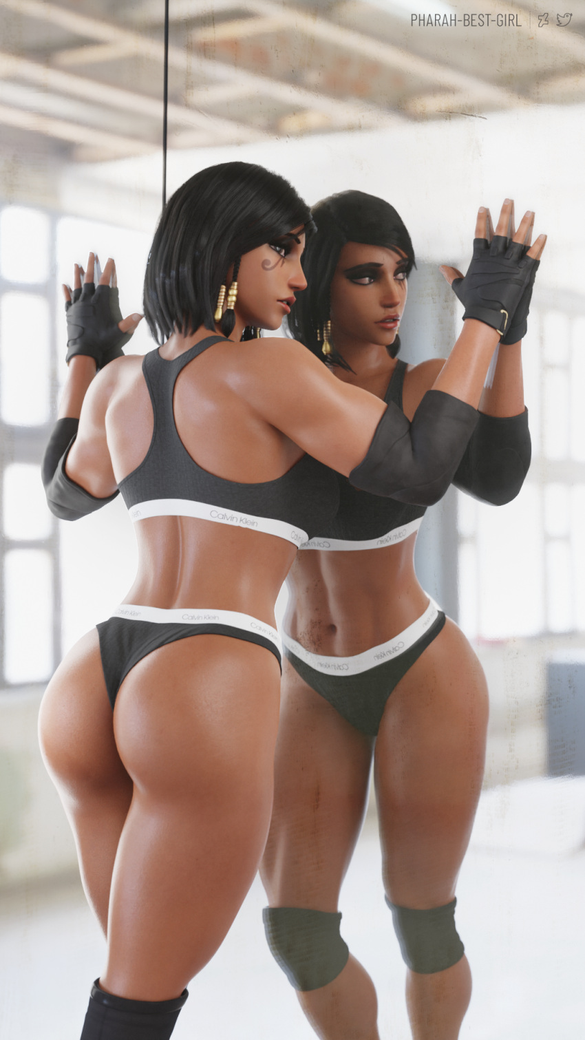 1girls 3d abs athletic athletic_female big_ass big_breasts big_butt black_eyes black_hair black_underwear blender blizzard_entertainment clothing dark-skinned_female dark_skin egyptian egyptian_female fareeha_amari female fit_female high_resolution large_ass looking_away mirror mirror_image muscle muscular_female overwatch pharah pharah-best-girl reflection self_upload sportswear thick_thighs underwear volumptous