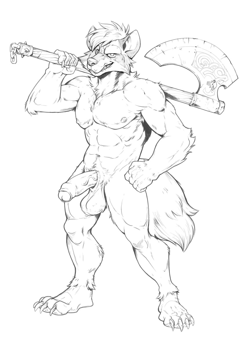 1boy abs anthro armpit_hair axe badcoyote balls ballsack battle_axe biceps black_and_white body_fur body_hair claws elbow_tuft erection fangs fluffy fluffy_tail foreskin foreskin_folds furry_balls genitals grin hand_on_hip hi_res humanoid_genitalia hybrid_penis intact looking_at_viewer loose_foreskin male male_focus male_nipples male_only mammal masculine melee_weapon monochrome muscular muscular_anthro muscular_male navel neck_tuft nude_male partially_retracted_foreskin pecs penis plantigrade procyonid pubes raccoon scrotum sheath sheathed_humanoid_penis smile solo solo_focus teeth testicles uncircumcised uncut veiny_penis weapon weapon_on_shoulder