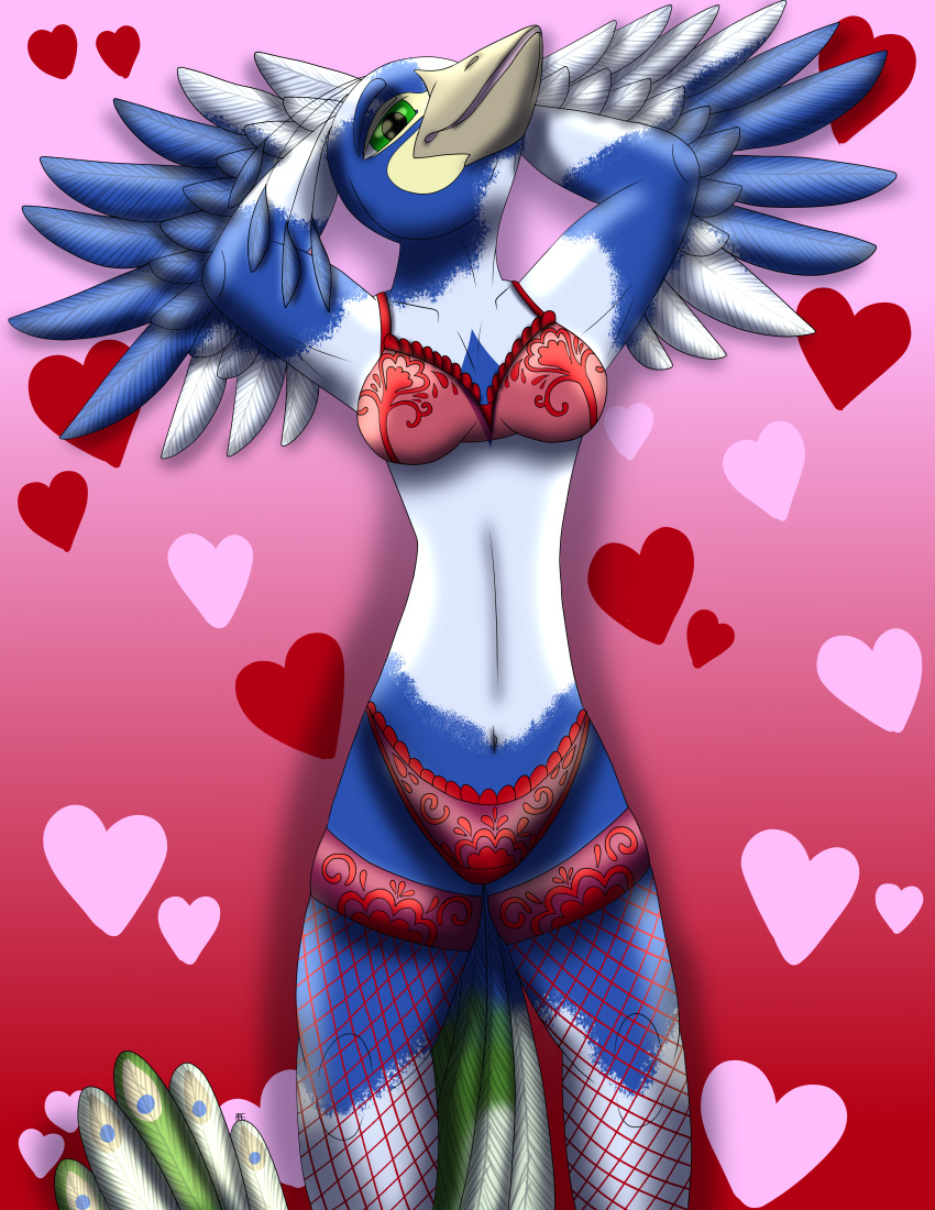 1girls absurd_res anthro avian bird breasts clothing detailed feathers female female_only galliform heart hi_res holidays knot_safe_fur_work lgbt_pride lingerie love magazine magazine_page peacock_feather peafowl phasianid pinup pose raevi10 simple_background solo valentine's_day