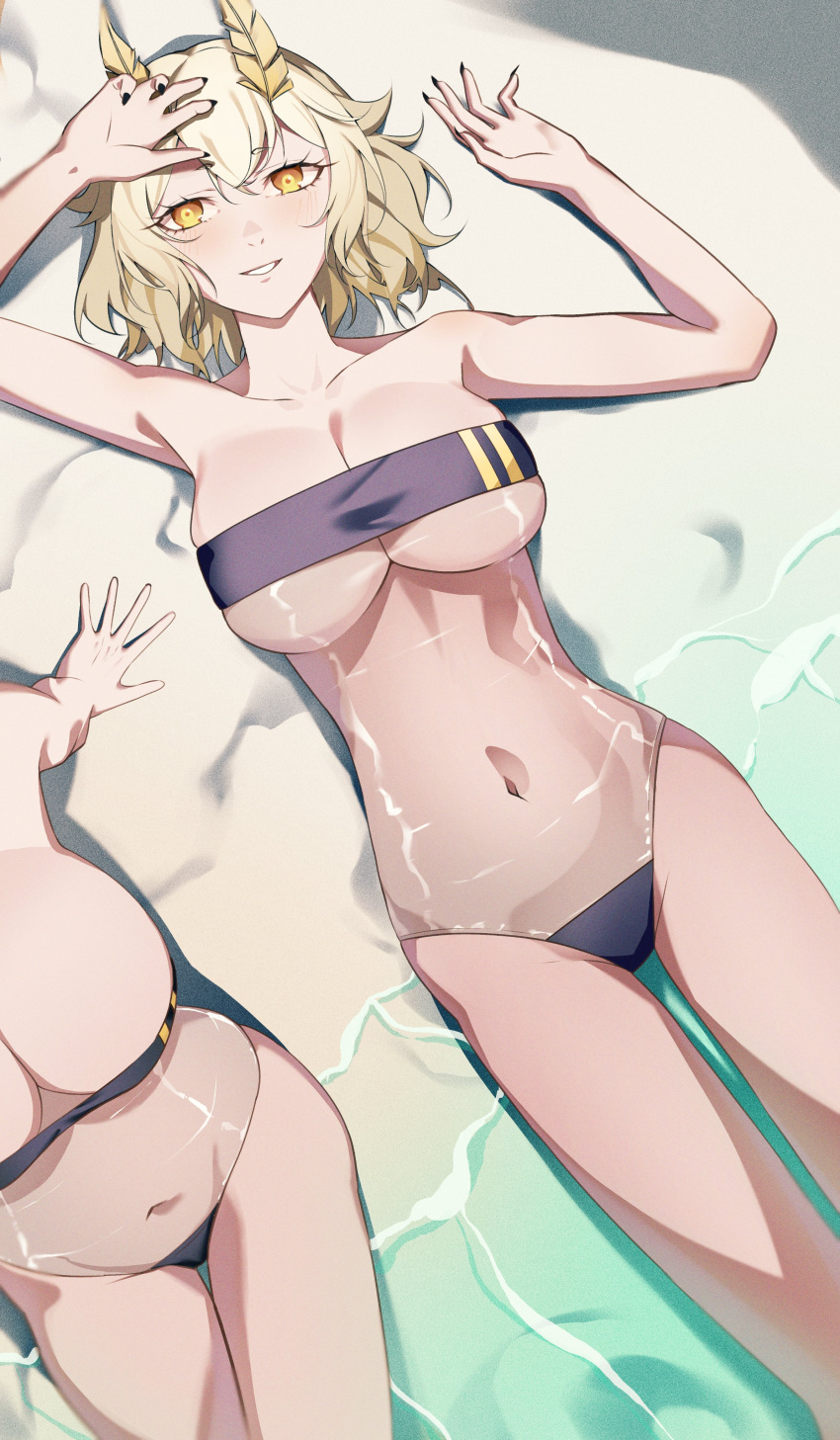 2girls beach belly_button black_fingernails feathers_in_hair gris_swimsuit hands_above_head indie_virtual_youtuber kuroienpitsu laying_on_back light-skinned_female looking_at_viewer midriff moth_girl one_piece_swimsuit sanagi_yuzu smiling_at_viewer swimsuit tagme thigh_gap virtual_youtuber water yellow_eyes yellow_hair