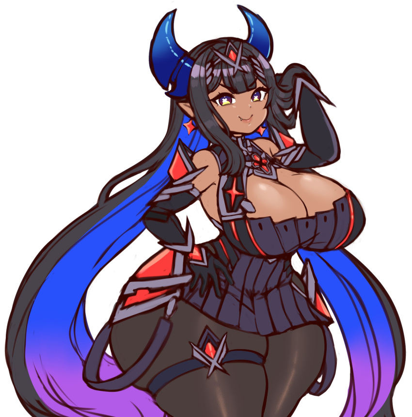 1girls armwear bangs big_breasts black_hair blue_eyes blue_hair cleavage dark-skinned_female dark_skin demon demon_girl demon_horns dress female female_only hi_res horns jojoniumart legband long_hair looking_at_viewer marjolene_(jojoniumart) oerba_yun_fang pantyhose pointy_ears purple_highlights slightly_chubby smiling smiling_at_viewer solo solo_female thick_thighs thigh_squish two_tone_hair white_background wide_hips