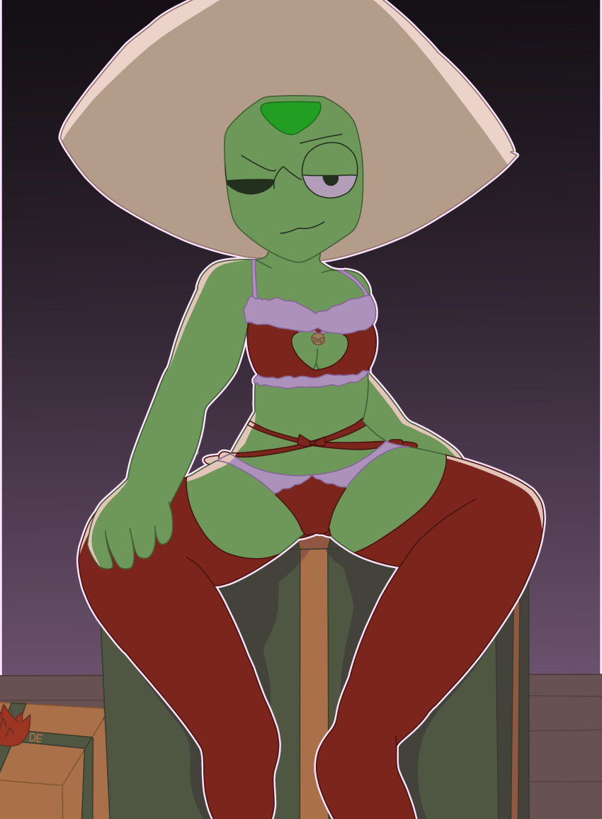 boob_window cartoon_network christmas christmas_clothing christmas_outfit christmas_underwear drawinecchi gem_(species) green_body green_skin peridot_(steven_universe) present ribbon steven_universe stockings suggestive_look underwear