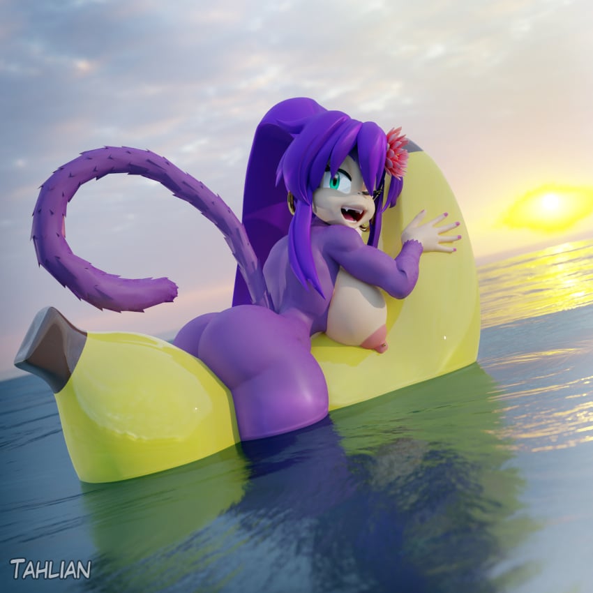 1:1 3d_(artwork) accessory anthro ass banana big_breasts big_butt blender_(software) breasts curvy_figure digital_media_(artwork) ear_piercing ear_ring fangs female flower flower_in_hair food fruit fur hair hair_accessory haplorhine hi_res inflatable kiki_(tahlian) long_hair mammal monkey nipple_piercing nipples nude one_eye_closed partially_submerged piercing plant primate purple_body purple_fur purple_hair sea sky solo sunset tahlian water wet wink