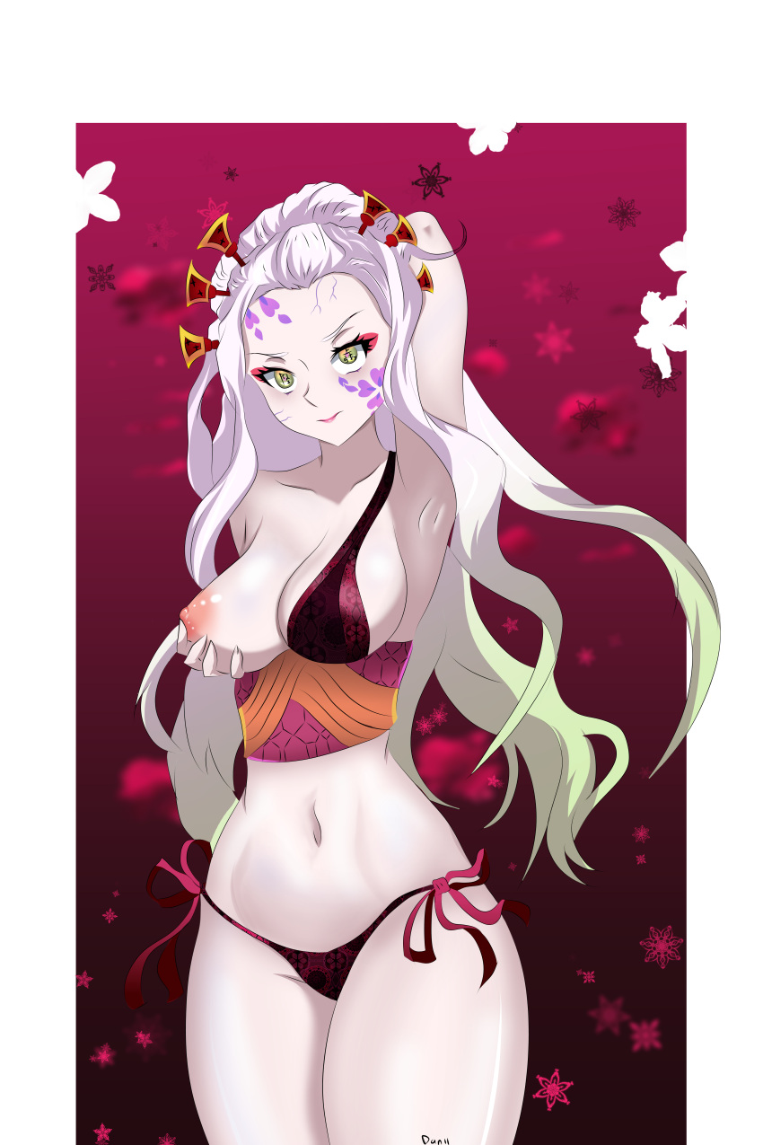 big_breasts daki_(kimetsu_no_yaiba) dansempai demon_girl demon_slayer facial_markings female female_only gradient_hair hair_ornament kimetsu_no_yaiba looking_at_viewer obi one_breast_out side-tie_panties sideboob slayer solo thick_thighs two_tone_hair white_hair