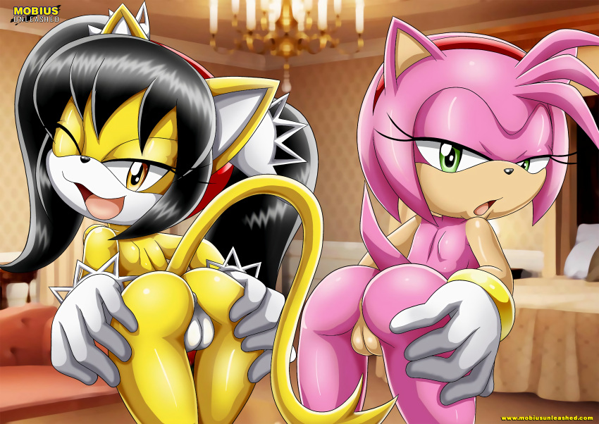 2girls 5_fingers absurd_res amber_eyes amy_rose anthro archie_comics ass bbmbbf bedroom black_hair bob_cut bracelet chandelier digital_media_(artwork) domestic_cat eulipotyphlan feline female female_only furry green_eyes hair_accessory hair_ornament hairband half-closed_eyes hedgehog hi_res honey_the_cat jewelry long_hair looking_at_viewer mobius_unleashed open_mouth palcomix pink_body pink_hair pussy rear_view sega sonic_(series) sonic_the_fighters sonic_the_hedgehog_(archie) sonic_the_hedgehog_(comics) spreading sqrt2:1 standing twintails yellow_body yellow_fur