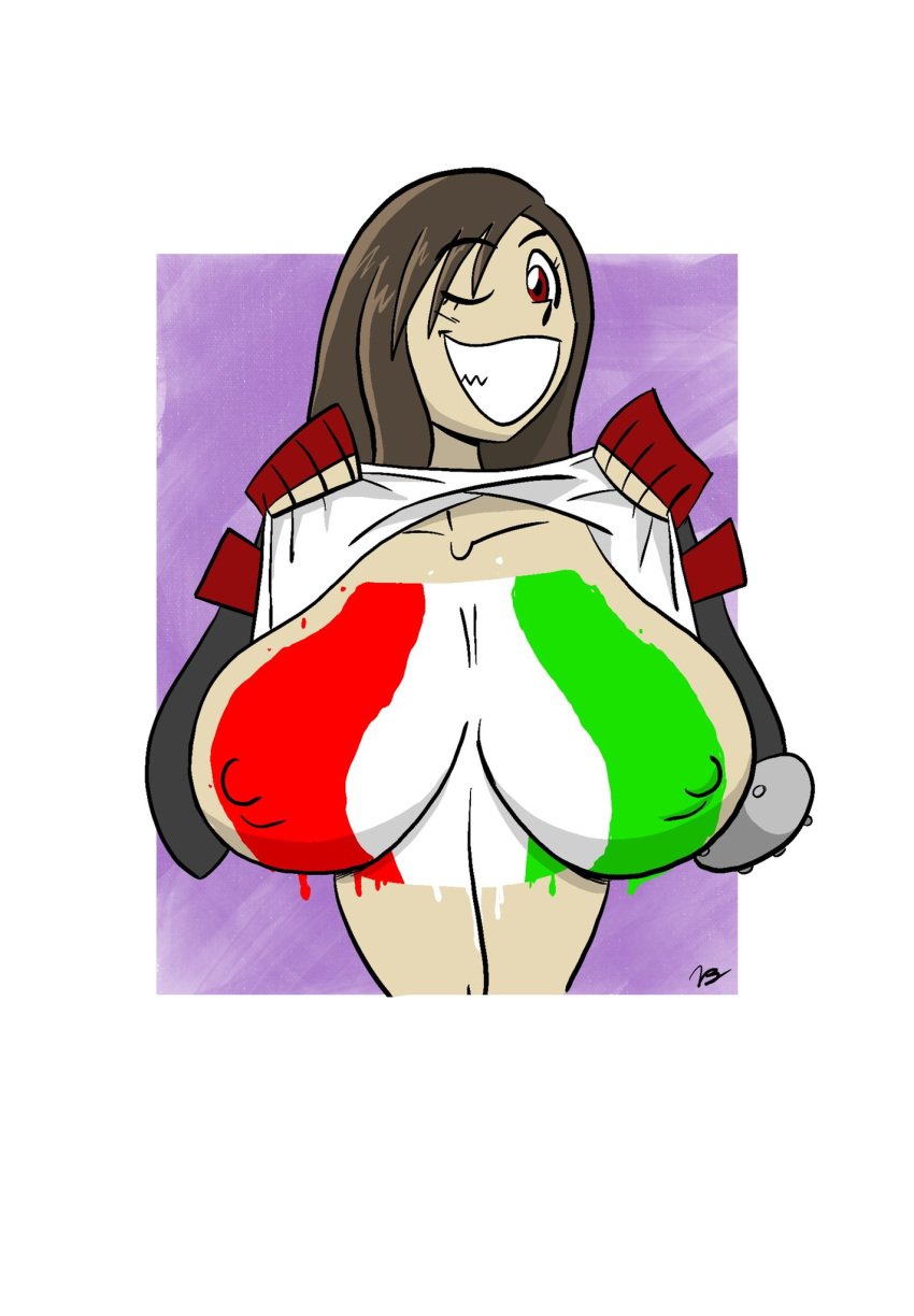 big_breasts bodypaint breasts brown_hair busty elbow_gloves erect_nipples female female_focus female_only final_fantasy final_fantasy_vii fingerless_gloves flashing flashing_breasts hourglass_figure italian_flag italian_senate_hack italy long_hair meme nipple_bulge red_eyes smooth_skin tank_top tank_top_lift tifa_lockhart vbeemish wide_hips wink winking