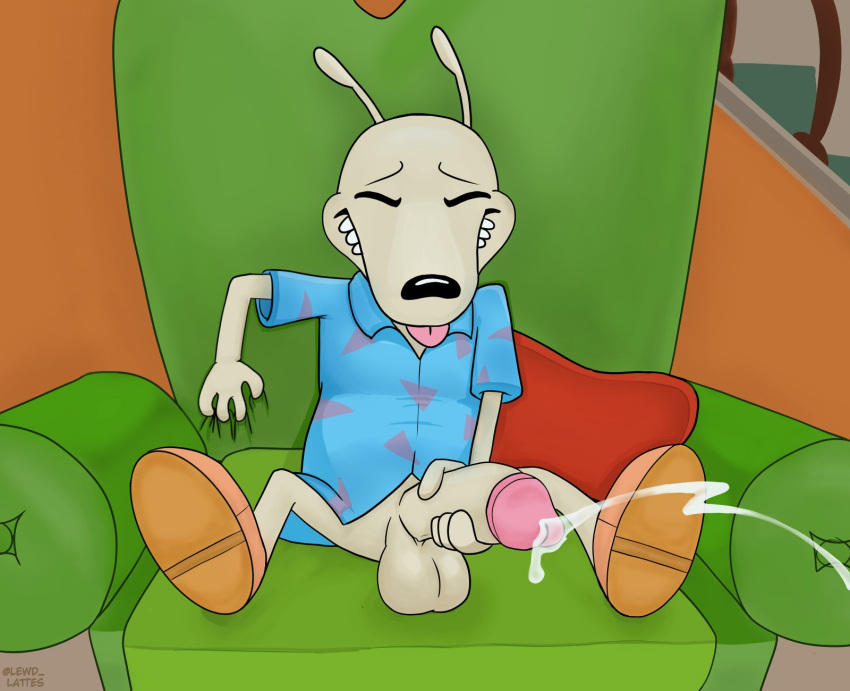 anthro big_penis bodily_fluids cum cumshot ejaculation furniture genital_fluids genitals grabbing_sheets hi_res kinktober lewd_latte macropod male mammal marsupial masturbation nickelodeon penis rocko's_modern_life rocko_rama sofa solo wallaby