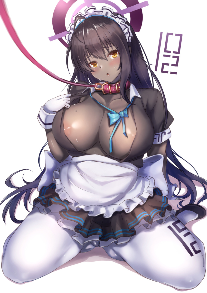 1girls 2021 ahoge akazawa_kureha apron areola_slip areolae ass_visible_through_thighs blue_archive breasts brown_hair cleaning_&_clearing_(blue_archive) cleavage collar dark-skinned_female dark_skin female female_focus female_only gloves highres karin_(blue_archive) leash long_hair maid maid_headdress millennium_science_school_student no_bra pantyhose puffy_short_sleeves puffy_sleeves short_sleeves sitting solo solo_female straight_hair sweat thick_thighs thighs unbuttoned very_long_hair waist_apron wariza white_apron white_legwear yellow_eyes