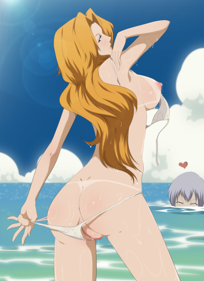 1boy 1boy1girl 1girls almost_naked ass barely_clothed beach big_breasts bikini bikini_pull bleach blonde_hair blush breasts butt_crack closed_eyes female female_focus floral_print functionally_nude heart ichimaru_gin lexus_(artist) light-skinned_female light-skinned_male light_skin long_hair looking_at_another looking_at_partner looking_at_viewer looking_back male male/female matsumoto_rangiku mostly_nude nipples ocean outdoors partially_submerged pinup puffy_nipples pussy shiny shiny_hair shiny_skin short_hair sideboob silver_hair soaked spoken_heart standing sunlight swimsuit tanline undressing untied_bikini watching water wet wet_body wet_hair wet_skin white_bikini