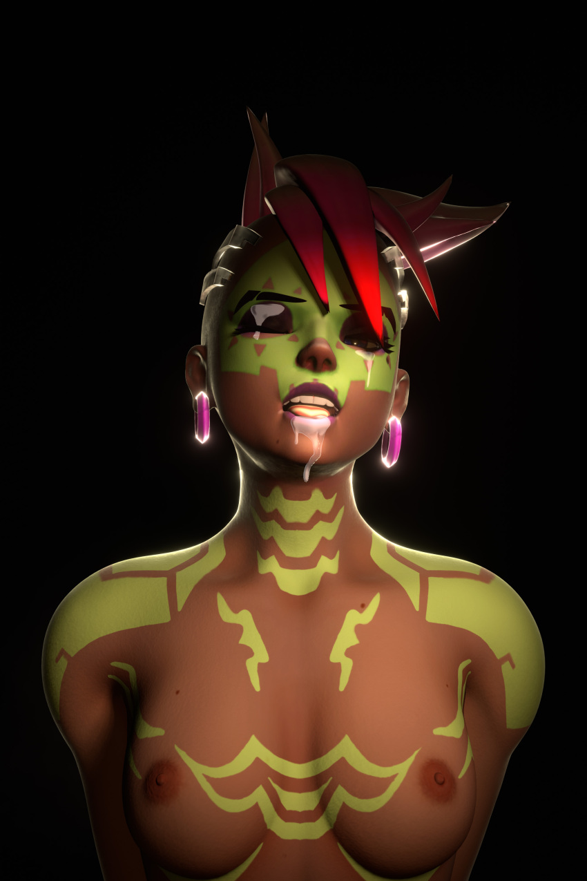 1girls 3d 3d_(artwork) blender blender_(software) bodypaint cum_in_mouth cum_on_eye cum_on_face dark-skinned_female earrings facepaint facial latina looking_at_viewer los_muertos_sombra mohawk overwatch punk red_hair solo sombra xtanante